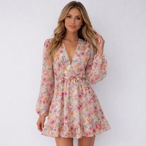Privy Floral Mini Dress Multi Color Cutout V-Neck Cottagecore Fairycore Boho M